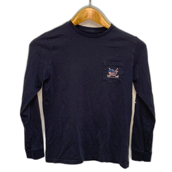 Vineyard Vines Navy Whale Crossed Hockey Sticks LS Pocket T-Shirt Size M 12-14 - Picture 2 of 10